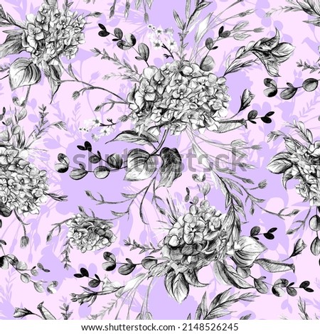 Seamless monochrome pattern with hydrangea flowers in black and white shades in vintage style on a lilac background. Realistic botanical summer motif for textile