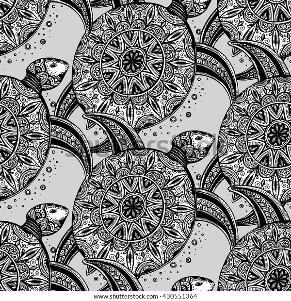 Seamless Monochrome Pattern Ornamental Turtles Stock Illustration
