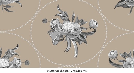 Seamless monochrome pattern with peonies in the styles of baroque, neoclassicism, and realism. Spring flowers for textiles, packaging, and wallpaper
