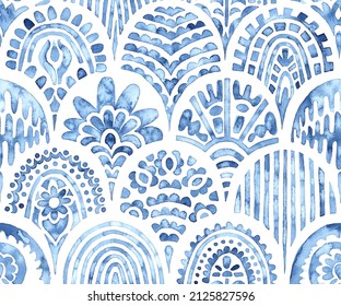Seamless moroccan pattern. Wavy vintage tile. Blue and white watercolor ornament painted with paint on paper. Handmade. Print for textiles. Set of grunge textures.