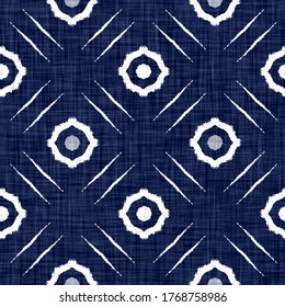 Seamless mosaic damask texture. Indigo blue woven boro cotton dyed effect background. Japanese repeat batik pattern swatch. Block print asian all over printed textile.