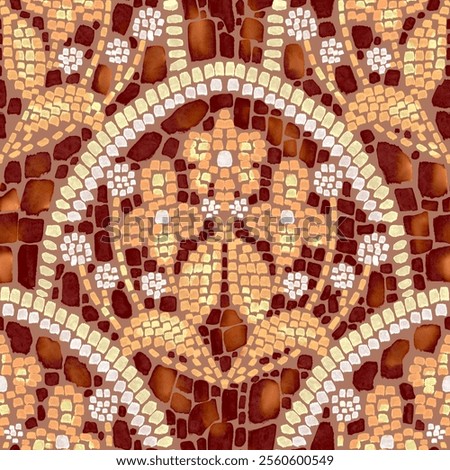 A seamless mosaic pattern featuring intricate floral and geometric designs in warm tones of brown, yellow, and white, creating a rich, textured look.