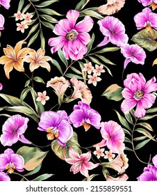 Seamless motif pattern Flower colorful illustration. Orchids, lily, peony, magnolia, tulip, poppy floral elements. Fabric motif texture repeated. Palm tropical exotic leaves and natural branch plants.