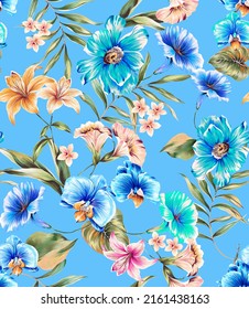 seamless motif pattern Flowers colorful illustration composition. Peony, magnolia, lily, tulip, orchids floral elements on blue shades. Light blue color background.