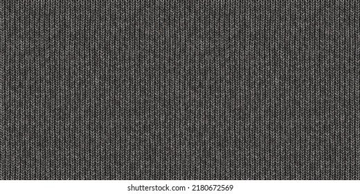 Seamless Mottled Dark Grey Wool Knit Fabric Background Texture. Tileable Monochrome Greyscale Knitted Sweater, Scarf Or Cozy Winter Socks Pattern. Realistic Woolen Crochet Textile Craft 3D Rendering
