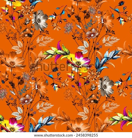 seamless multicolor  floral allover pattern with abstract orange background for digital print