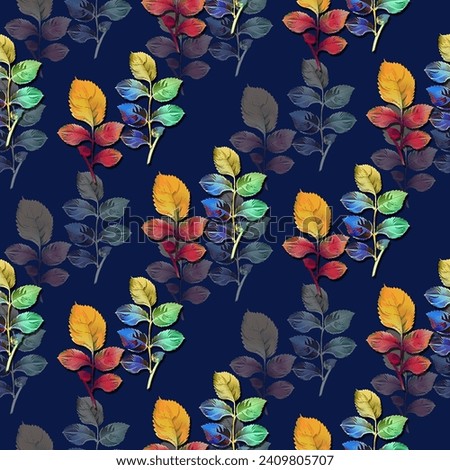 seamless multicolor leaves allover pattern with abstract blue background for digital print.