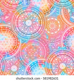 Seamless Multicolor Pattern With Oriental Mandalas. Hippie Mandala Pattern. Kaleidoscope Elements. Fabric, Wallpaper Or Wrap Print