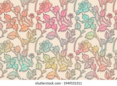Seamless Multicoloured Kantha Work Pattern With Rose Flowers And Buds on Beige Background