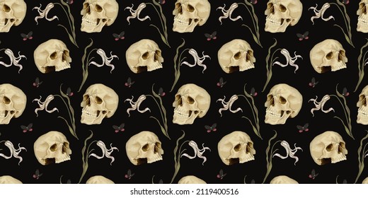 A seamless mystical pattern. Dark background, skulls, delicate white flowers, butterflies. Mysterious gloomy wallpaper. Manual drawing for fabric, wallpaper, paper, website design
