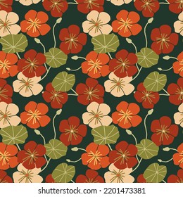 Seamless Nasturtium Flower Pattern, Autumnal Floral Background, Modern Flower Print,  Orange Floral Wallpaper, Botanical Repeat Design, Garden Print