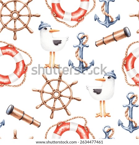 Seamless nautical cartoon pattern with seagull in cap, lifebuoy, spyglass, anchor and ship wheel on white background.