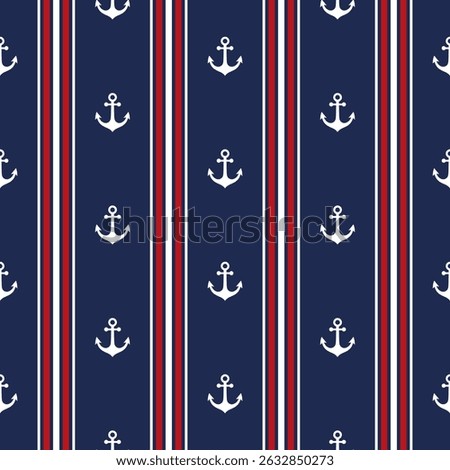 Seamless nautical pattern with navy anchors and red, white and blue vertical stripes. Classic coastal design with a small-scale layout for fabrics, wallpaper, and summer projects.