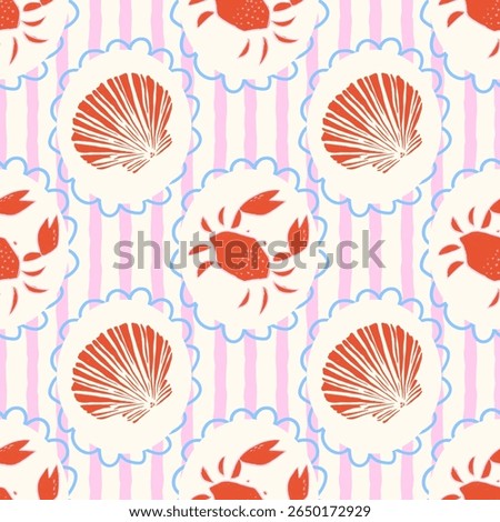 Seamless Nautical Pattern with Red Crabs and Seashells on Pink Striped Background – Coastal Marine Ocean Design