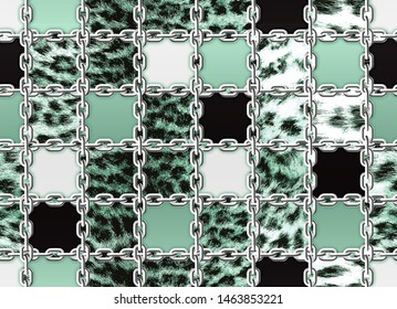 Seamless neo mint leopard and silver chain pattern
