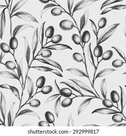 Seamless olive bunch fabric background. Old style sepia background. Watercolor illustration.
