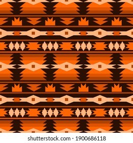 Seamless orange-brown geometric background from elements of a triangle, a rhombus in the form of an ornament with alternating horizontal stripes. Dark geometric ornament in folk style.Ethnic pattern. 
