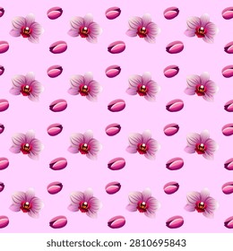 Seamless orchid floral pattern with pink and purple blossoms and buds on light pink background. Perfect for decorative, textile, and creative design themes.