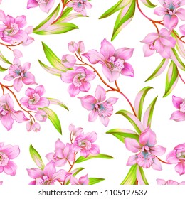 Seamless orchid pattern. Gentle floral design with pink orchids. 