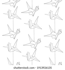 Seamless origami pattern on white background. Black and white paper origami pattern. Paper crane silhouette