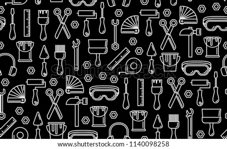Seamless outline pattern with working tools for construction, building and home repair icons. Elements for design. Hand work tools collection. Graphic texture for design, wallpaper