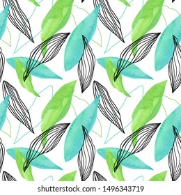 Seamless outline & watercolor leaf pattern
