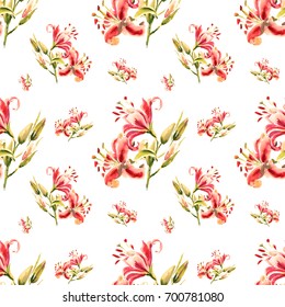 seamless pink lilies painted bouquet watercolor stock illustration