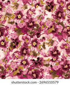 Seamless painterly floral pattern featuring large expressive blossoms in shades of pink, burgundy, and olive on a soft background. Ideal for textiles, wallpapers, and romantic artistic designs.