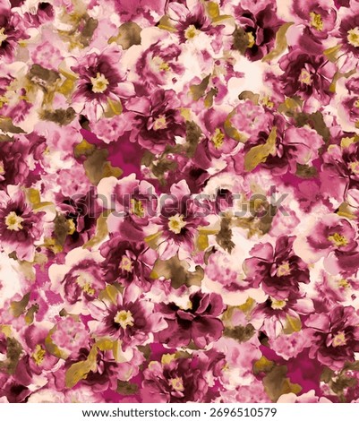 Seamless painterly floral pattern featuring large expressive blossoms in shades of pink, burgundy, and olive on a soft background. Ideal for textiles, wallpapers, and romantic artistic designs.