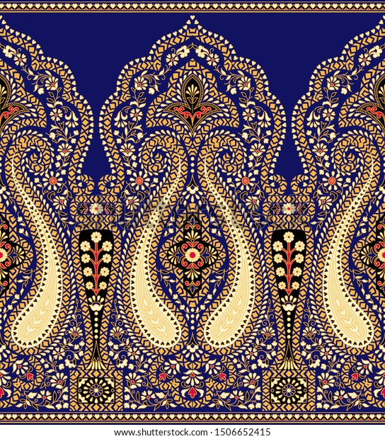 Seamless Paisley Border On Blue Background Stock Illustration 1506652415