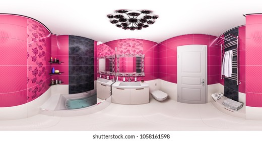 Seamless Panoramic 360 Degrees For A Virtual Tour. 3d Illustration Of A Bright Bathroom In An Art Deco Style Apartment.