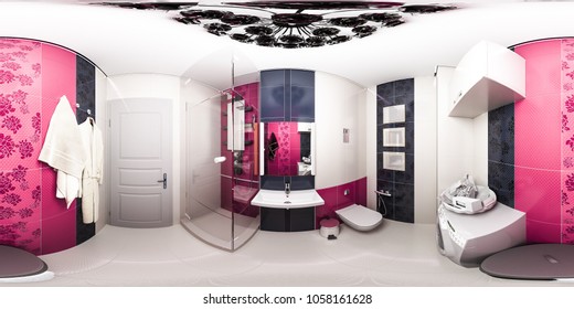 Seamless Panoramic 360 Degrees For A Virtual Tour. 3d Illustration Of A Bright Bathroom In An Art Deco Style Apartment With Shower Room.