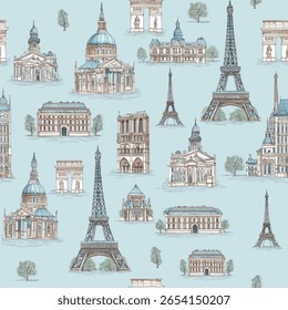 Seamless Paris Landmarks Pattern – Hand-Drawn Eiffel Tower and Iconic French Illustrations

