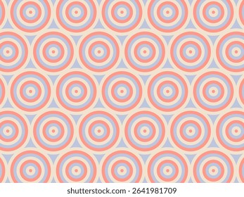 Seamless pastel pattern of concentric circles in soft coral, light blue, and beige, perfect for textile designs, wallpapers, and branding.