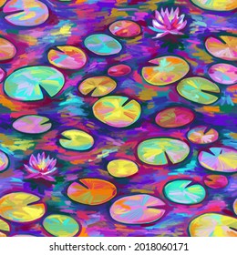 Seamless Patterm With Painted Waterlilies In Impressionism Style With Oil Texture In Bright Colorful Tones. Texture For Print, Fabric, Textile, Wallpaper