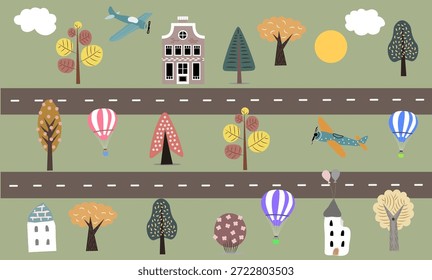 Seamless pattern 3d kids mural wallpaper cute street view with tree and building background. Kids seamless pattern.