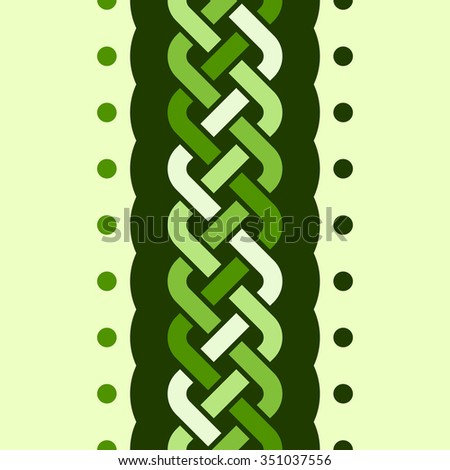 A seamless pattern with 4-strand multicolored vertical braid and a wavy shape with dots on light background, illustration (dark and light green colors)