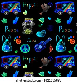 seamless pattern about hippies with neon light. For textiles, prints, wall-paper