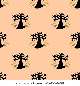 Seamless pattern of abstract baobab trees with scattered leaves on peach background, perfect for fabric, wallpaper, wrapping paper, and creative modern design projects.
