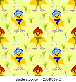 Seamless pattern with abstract chickens in a hat and scarf, elements of flowers and grass on a yellow background. 
