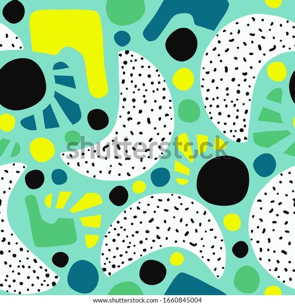 Seamless pattern abstract collage contemporary\
turquoise lime yellow white green yellow teal shapes. Modern puzzle\
background. Happy print for home decor, fabric, packaging , surface\
pattern design