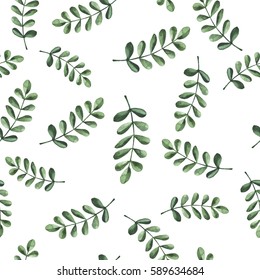 Seamless Pattern With Abstract Dark Green Branch And Leaves On White Background. Hand Drawn Watercolor Illustration.