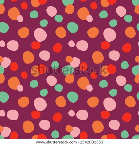 Seamless pattern with abstract dots Multicolored circles repeating background. Irregular dots modern design. Ideal for use in wrapping, stationery, textile, fabric, kitchenware, packaging, crafts.