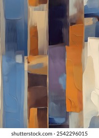 Seamless pattern of an abstract painting composed of vertical bands of varying colors and textures. Colors include shades of blue, orange, brown, purple and white.
