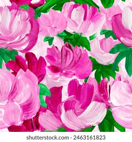 Seamless pattern of abstract painting pink flowers, original hand drawn, impressionism style, color texture, brush strokes of paint,  art background.  Modern art. Contemporary art.