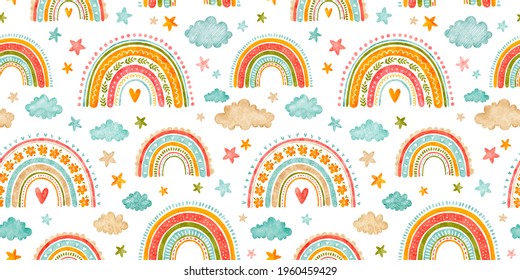 Seamless pattern abstract rainbow, clouds, stars. Watercolor Cute pastel rainbow with drops and heart. Background in childish scandinavian style. Texture for fabric, wrapping paper, textile