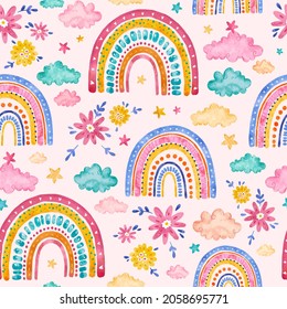 Seamless Pattern Abstract Rainbow, Clouds, Stars, Simple Flowers. Watercolor Cute Pastel Rainbow With Drops And Heart. Background In Childish Scandinavian Style. Texture For Fabric, Wrapping Paper