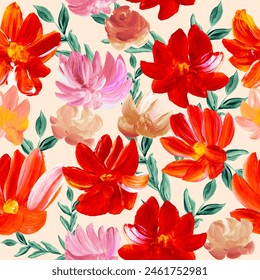 Seamless pattern of abstract red and pink flowers, original hand drawn, impressionism style, color texture, brush strokes of paint, art background.  Modern art. Contemporary art.