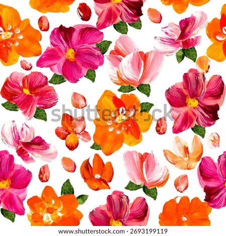 Seamless pattern of abstract red and pink flowers, original hand drawn, impressionism style, color texture, brush strokes of paint, art background.  Modern art.