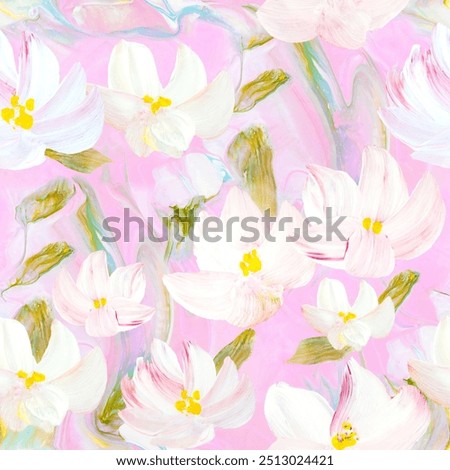 Seamless pattern of abstract white flowers. Original hand drawn, impressionism style, art painting, creative hand painted background, brush texture, acrylic. Modern art.